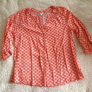 Crown & Ivy Red-Orange/Coral/White Fan Boho Top Peasant Blouse Tunic Medium